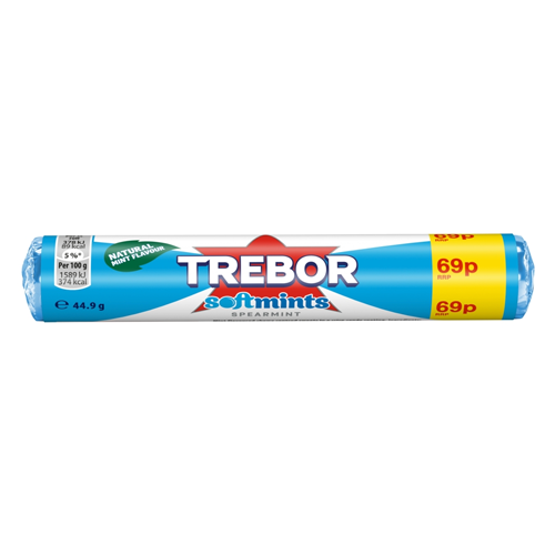 TREBOR NATURAL MINT FLAVOUR SOFTMINTS SPEARMINT PMP 69P 44.9G
