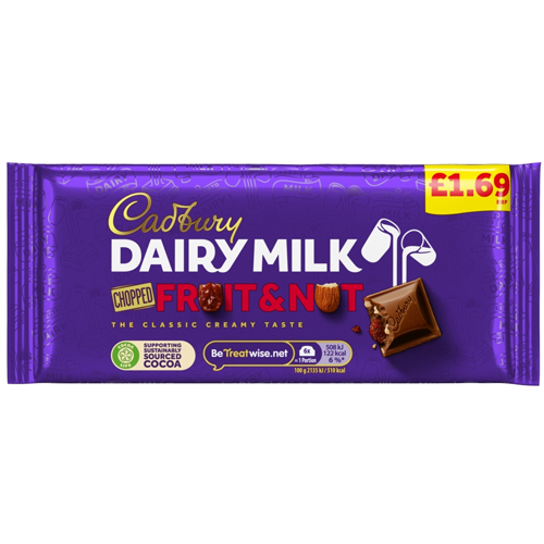 CADBURY DAIRY MILK FRUIT&NUT CHOCOLATE BAR PMP £1.69 95G