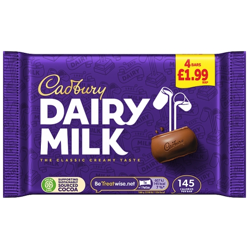 CADBURY DAIRY MILK CHOCOLATE BAR PMP £1.99 4PK 108.8G