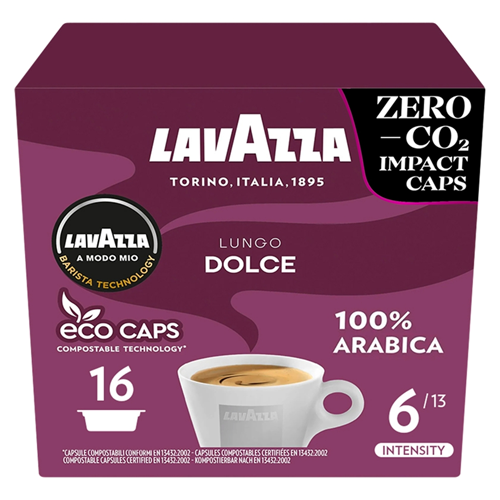LAVAZZA MODO MIO ECO CAPS COMPOSTABLE LUNGO DOLCE COFFEE CAPSULES 128G