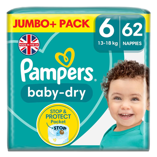 PAMPERS BABY DRY NAPPIES SIZE 6 JUMBO 62PK