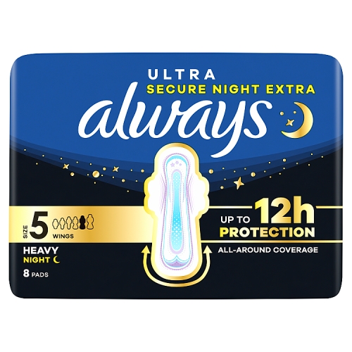 ALWAYS ULTRA SANITARY TOWELS SECURE NIGHT EXTRA WITH WINGS SIZE -5 8PK