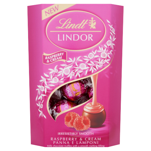 LINDT LINDOR RASPBERRY & CREAM CHOCOLATE TRUFFLES BOX 200G