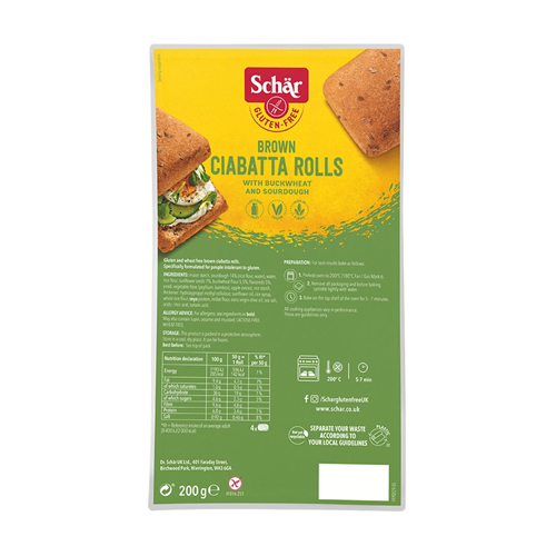 SCHAR BROWN CIABATTA ROLLS GLUTEN FREE 200G