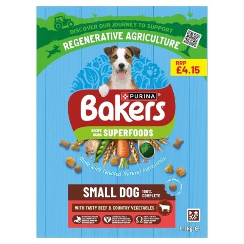 BAKERS SMALL DOG BEEF, VEGETABLE & WHOLE GRAIN DRY DOG FOOD PMP £4.15 1.1KG