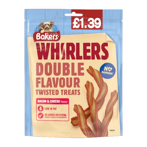 BAKERS DOG TREAT BACON AND CHEESE WHIRLERS PMP £1.39 130G