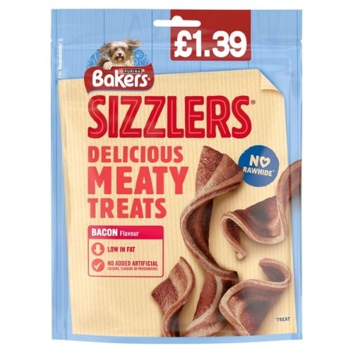 BAKERS DOG TREAT BACON SIZZLERS PMP £1.39 90G