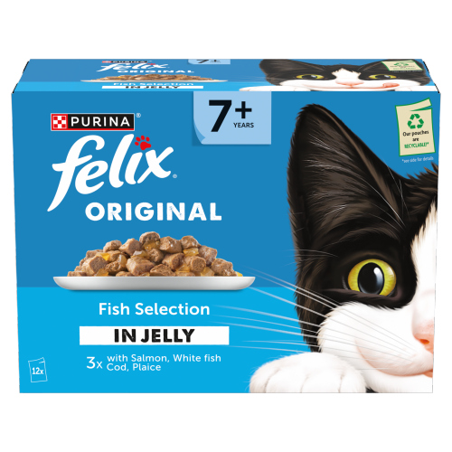 FELIX SENIOR CAT FOOD MIXED FISH SELECTION IN JELLY 12PK 85G