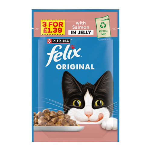 FELIX ORIGINAL CHUNKS IN JELLY SALMON POUCH 3FOR PMP £1.39 85G
