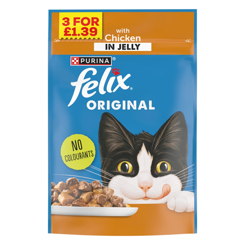 FELIX ORIGINAL CHUNKS IN JELLY CHICKEN POUCH 3FOR PMP £1.39 85G