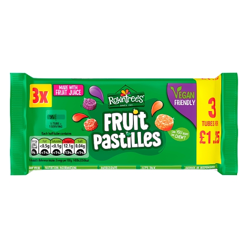 ROWNTREE'S FRUIT PASTILLES PMP £1.25 3PK 128.4G