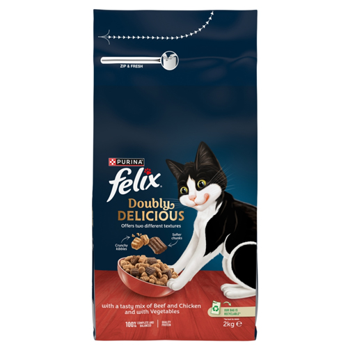 FELIX DOUBLY DELICIOUS BEEF CHICKEN & VEGETABLES DRY CAT FOOD 2KG