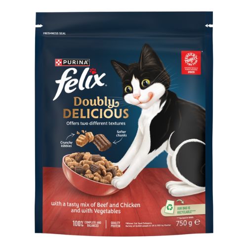 FELIX DOUBLY DELICIOUS BEEF CHICKEN & VEGETABLES DRY CAT FOOD 750G