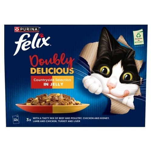 FELIX DOUBLY DELICIOUS COUNTRYSIDE SELECTION IN JELLY WET CAT FOOD 12PK 85G