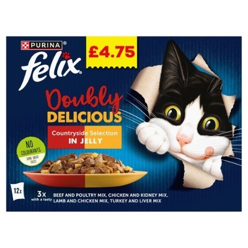 FELIX DOUBLY DELICIOUS COUNTRYSIDE SELECTION WET CAT FOOD PMP £4.75 12PK 85G