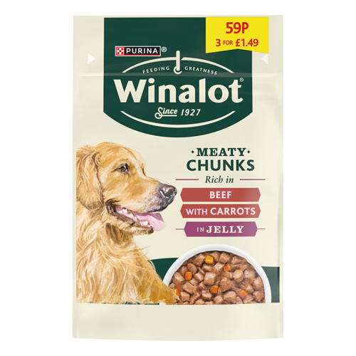 WINALOT MEATY CHUNKS RICH IN BEEF WITH CARROTS IN JELLY PMP £1.49 100G