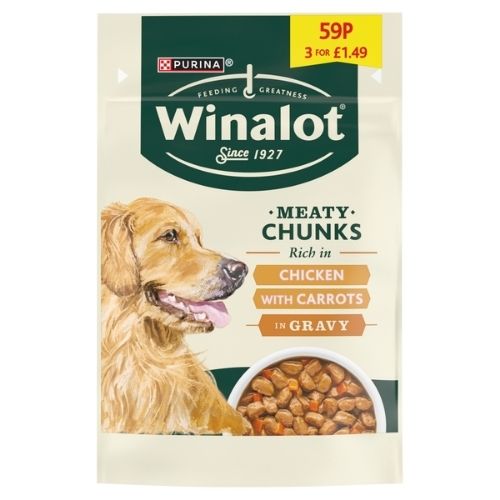 WINALOT MEATY CHUNKS RICH IN CHICKEN WITH CARROTS IN GRAVY PMP £1.49 100G