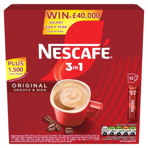 NESCAFE 3IN1 ORIGINAL INSTANT COFFEE SACHETS 12PK 192G