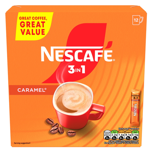 NESCAFE 3IN1 CARAMEL INSTANT COFFEE SACHETS 12PK 192G
