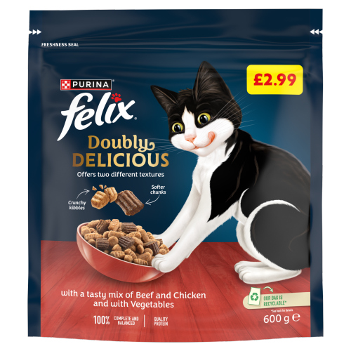 FELIX DOUBLY DELICIOUS BEEF, CHICKEN & VEGETABLES PMP £2.99 600G