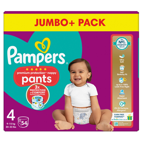 PAMPERS PREMIUM PROTECTION NAPPY PANTS SIZE 4 JUMBO 54PK