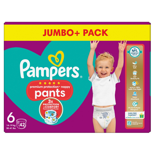 PAMPERS PREMIUM PROTECTION NAPPY PANTS SIZE 6 JUMBO 42PK