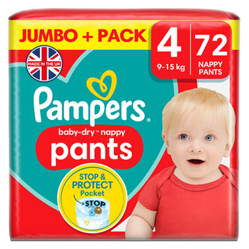 PAMPERS BABY DRY NAPPY PANTS SIZE 4 JUMBO 72PK