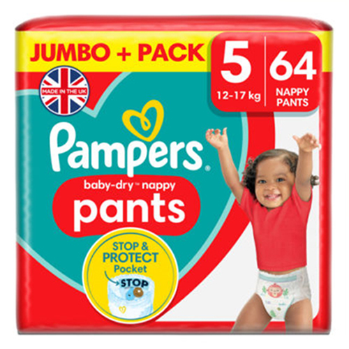 PAMPERS BABY DRY NAPPY PANTS SIZE 5 JUMBO 64PK