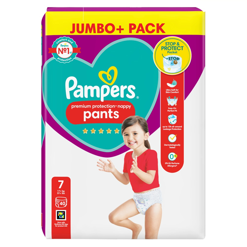 PAMPERS PREMIUM PROTECTION NAPPY PANTS SIZE 7 JUMBO 40PK