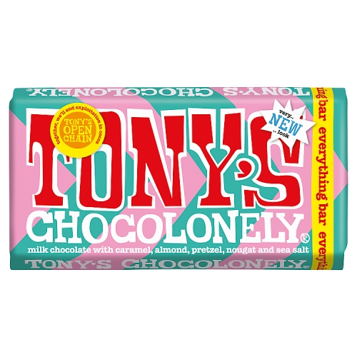 TONY'S MILK CHOCOLATE CARAMEL PRETZEL ALMOND NOUGAT SEA SALT BLOCK 180G