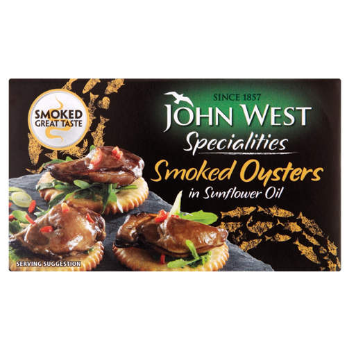 JOHN WEST SPECIALITIES SMOKED OYSTERS IN SUNFLOWER OIL 85G