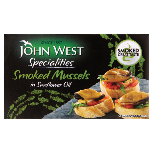 JOHN WEST SMOKED MUSSELS IN SUNFLOWER OIL 85G