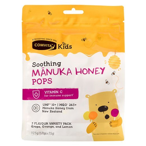 COMVITA KIDS SOOTHING MANUKA HONEY LOLLIPOPS 3 FLAVOUR VARIETY 15 POPS
