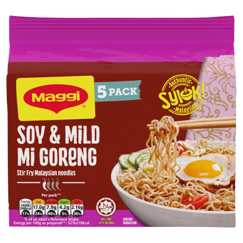 MAGGI SOY & MILD MI GORENG STIR FRY MALAYSIAN NOODLES 5PK 360G
